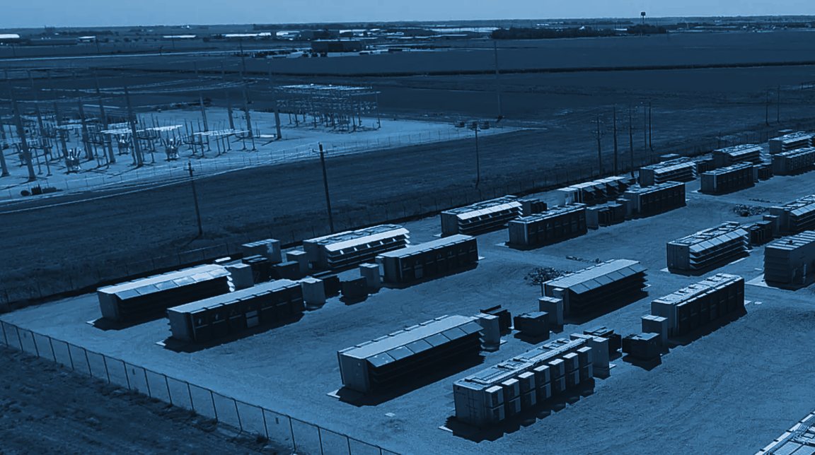 Aerial view of a container site with the serving substation on the far side of the fence line