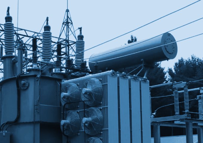 Substation power transformer with bushings, radiator banks and cooling fans